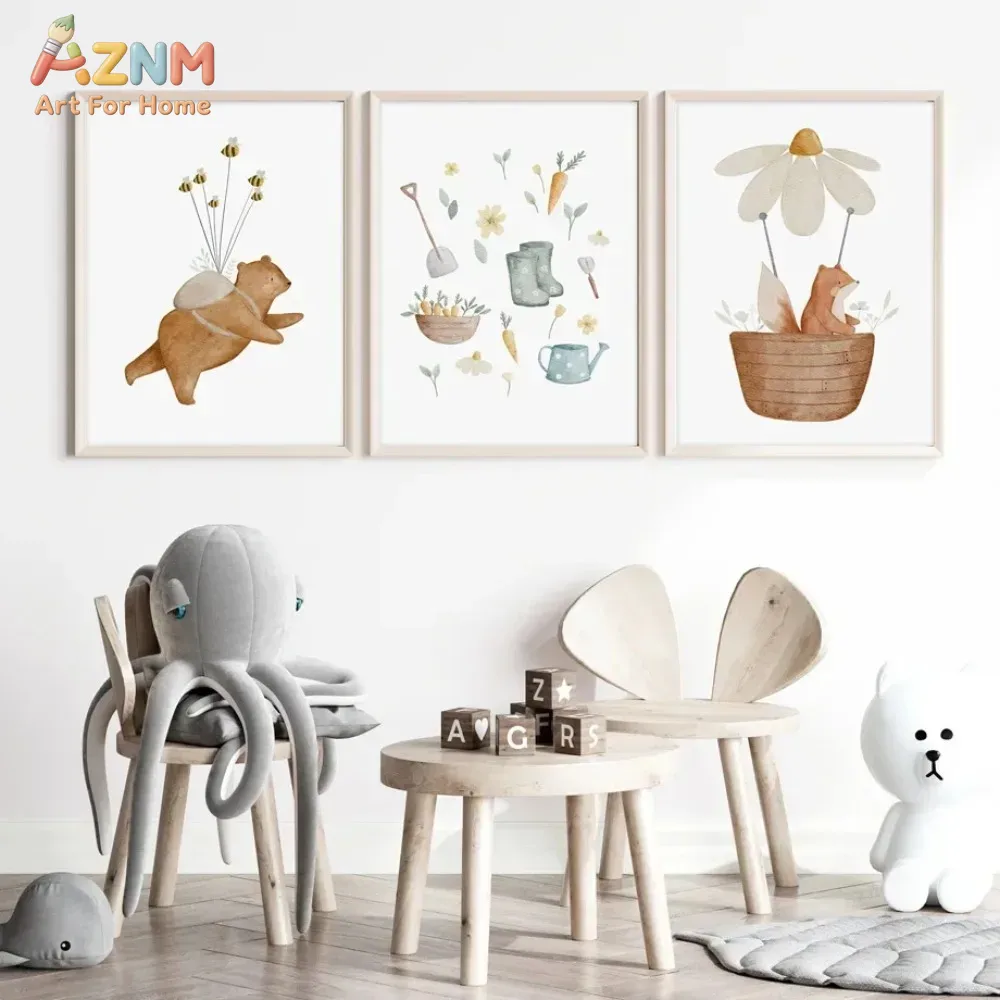 Baby Nursery Frames - AZNM 水彩クマキツネ動物キャンバス壁アート自由奔放に生きる庭花柄保育園プリントポスター子供用ベビー寝室家の装飾