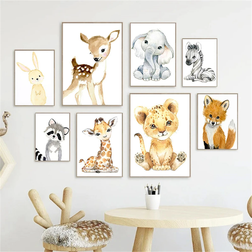 Baby Nursery Frames - フレームなしのプリント写真、動物のベビーベッド用壁飾り、キャンバス絵画、ライオン、ゾウ、キツネ、シカのポスター、北欧風の壁飾り