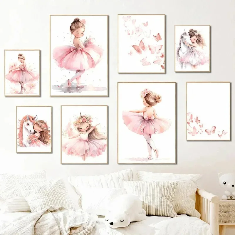 Baby Nursery Frames - ピンクのバレリーナガールユニコーン蝶ポスター子供部屋装飾キャンバスポスター保育園壁アートポスターベビー寝室の装飾
