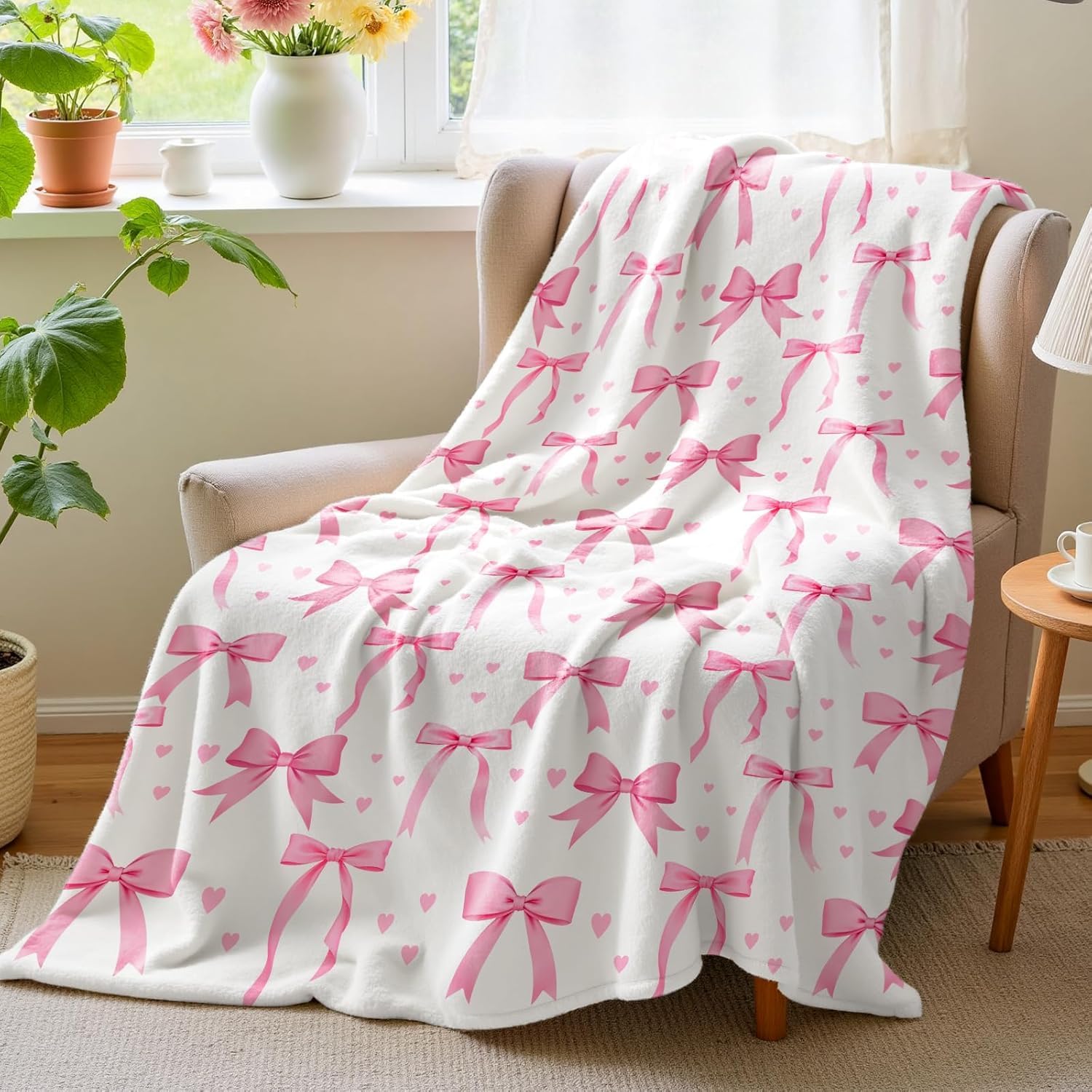 Baby Nursery Decor Girl - VIKAMA ピンクのリボンブランケット、柔らかく快適、洗濯機で洗えます、ソファベッド、キャンプ、家の装飾に適しています