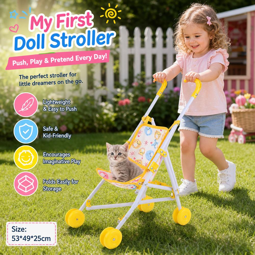 Baby Nursery Trolley - ピンクのベビーカー、折りたたみ式手押し車、ごっこ遊び用おもちゃ、子供部屋の家具、女の子へのプレゼント