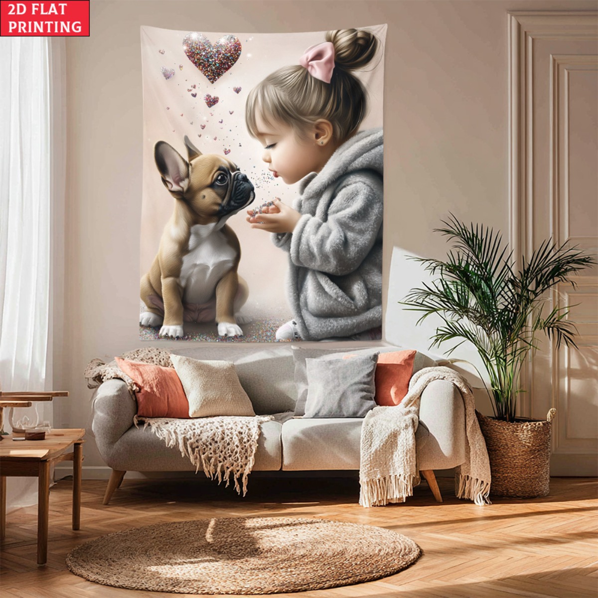 Baby Nursery Decor Girl - フレンチブルドッグの子犬を持つ女の子 ハート愛タペストリー かわいいペットアート 寝室の壁の装飾 子供部屋 保育園