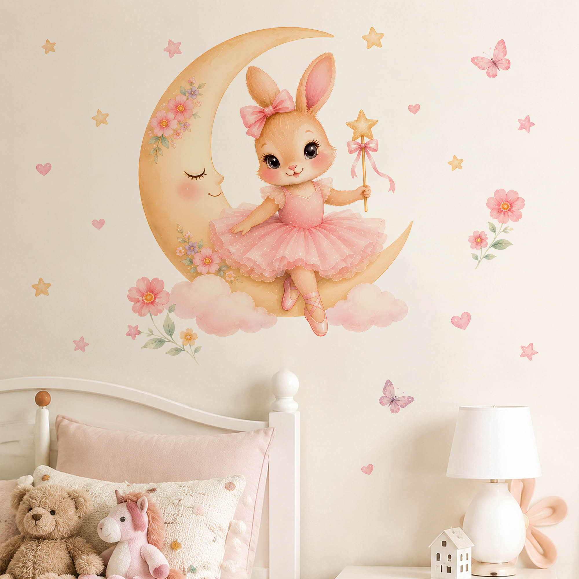 Baby Nursery Decor Girl - 水彩画のバレリーナバニームーンウォールステッカー、ピンクのチュチュ、ウサギ、星、魔法の杖のウォールデカール、子供、女の子の部屋、寝室、家の装飾に