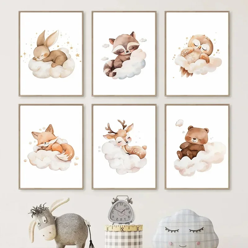 Baby Nursery Frames - 漫画雲動物キャンバス絵画壁アートかわいいアライグマキツネ鹿子供の寝室のポスター保育園画像ベビールームの装飾壁画