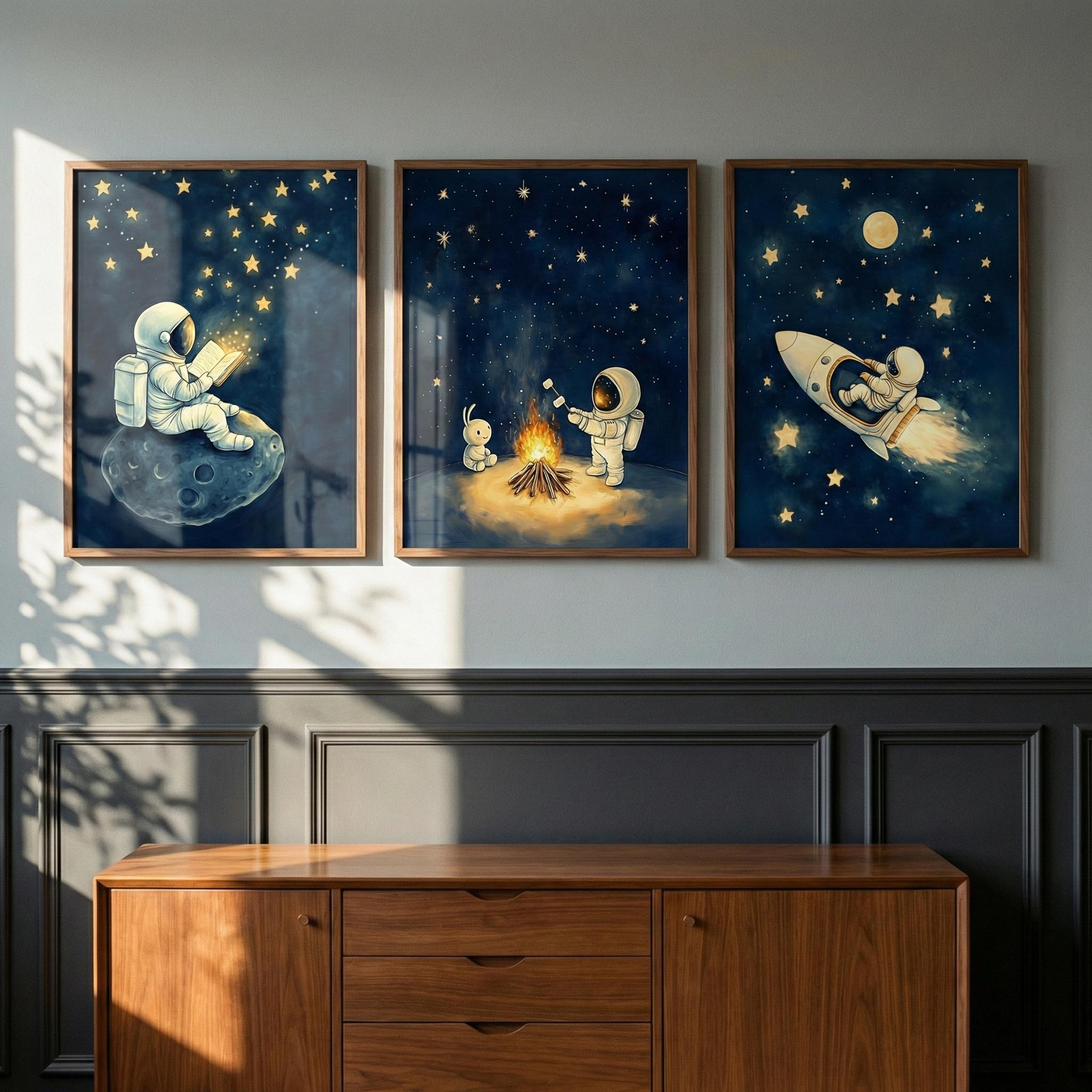 Baby Nursery Frames - 宇宙飛行士のスペースウォールアート3点セット、風変わりな宇宙をテーマにした子供部屋の装飾、かわいい宇宙飛行士の子供部屋アート、ロケット船と月のアートポスター