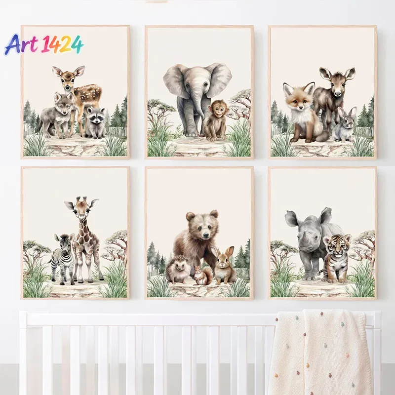 Baby Nursery Frames - 1枚（フレームなし）象、キリン、クマ、キツネ、鹿の子供部屋用ウォールアート、キャンバス絵画、ジャングル動物のポスターとプリント、ベビー向け。