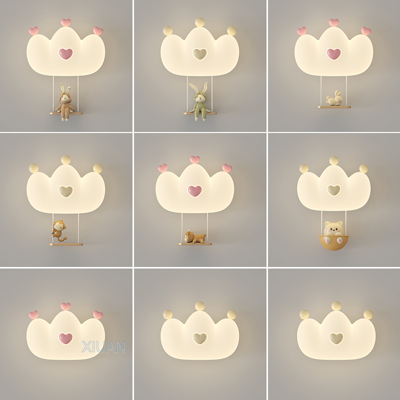 Baby Nursery Wall Lights - 女の子のためのピンクの王冠の壁ランプ,ロマンチックな壁のライト,クマ,ウサギ,動物,常夜灯,子供の寝室,プリンセスルーム