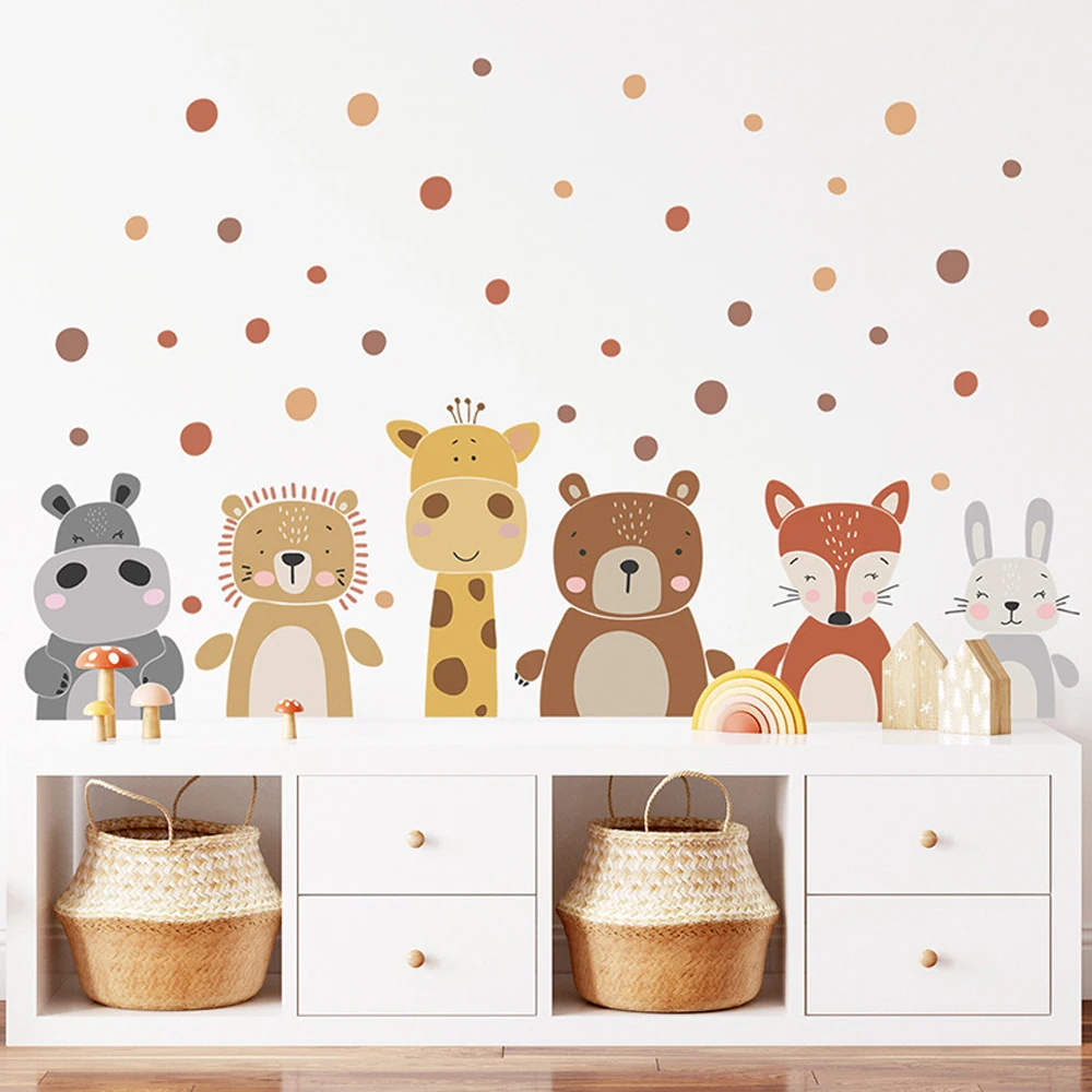 Baby Nursery Peel And Stick Wallpaper - ボヘミアンキュートなキリンとクマの動物ドットウォールステッカー、保育園、ビニール、子供部屋のウォールアートデカール、赤ちゃん、子供部屋、家の装飾