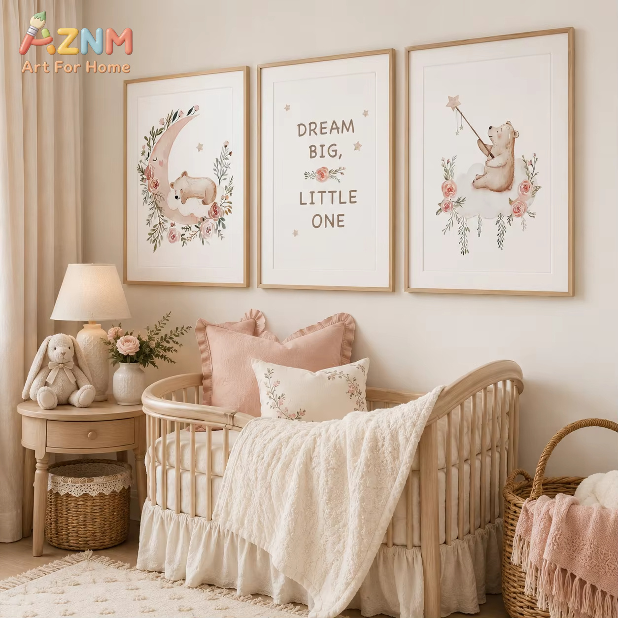 Baby Girl Nursery Quotes - AZNM 保育園フラワーウォールアート、かわいいテディベアムーン引用句キャンバス絵画、ベビーポスタープリント、子供、男の子、女の子の寝室の装飾用