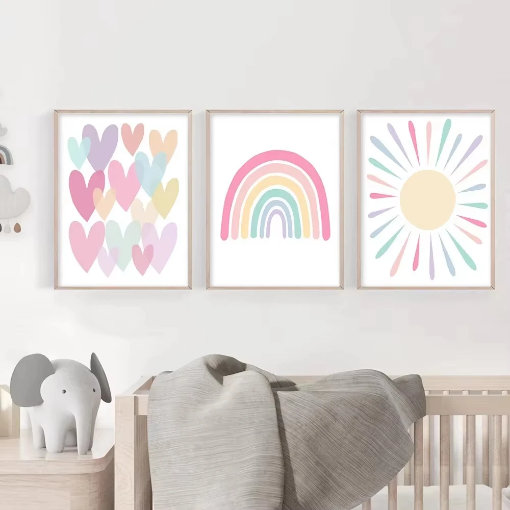 Baby Nursery Frames - （フレームなし）漫画風のハート柄ポスター、子供部屋の装飾用アートキャンバスプリント、太陽と虹のポスターとプリント、北欧風の壁掛け絵、赤ちゃんや子供向け。