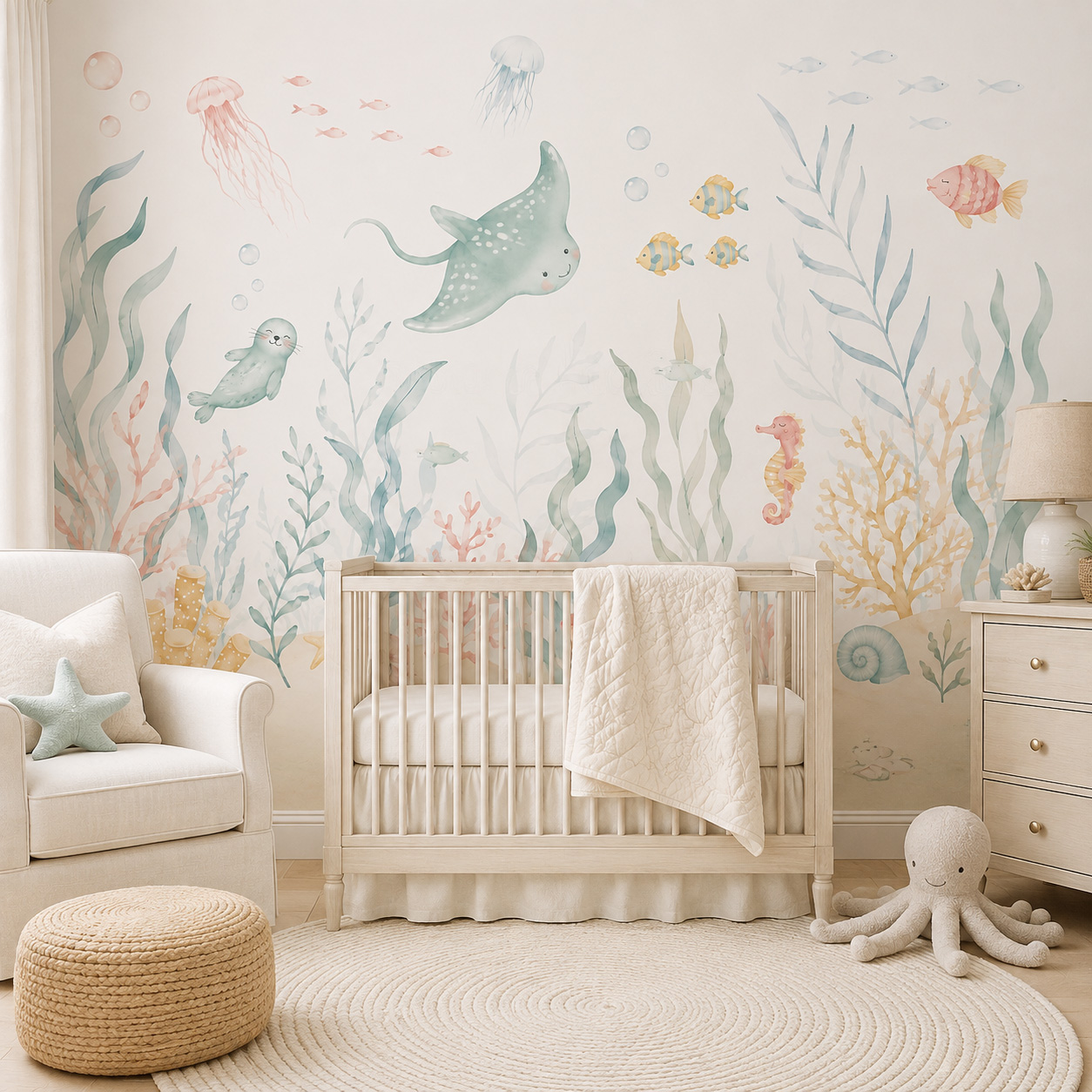 Baby Nursery Peel And Stick Wallpaper - 海洋動物柄の自己粘着壁紙 パステルカラーの海の生き物 ウォールステッカー 子供部屋 ベビールーム デコレーション