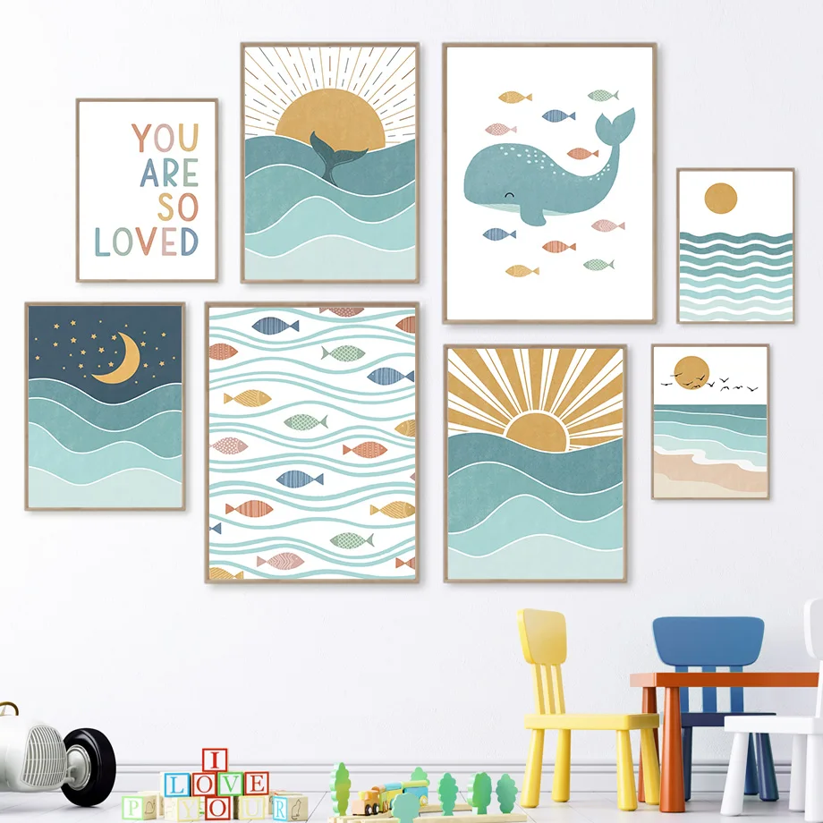 Baby Girl Nursery Quotes - 1pc フレームレス魚クジラカモメ日の出日没ビーチ海の引用句ウォールアートキャンバス絵画ポスターとプリント壁の写真子供