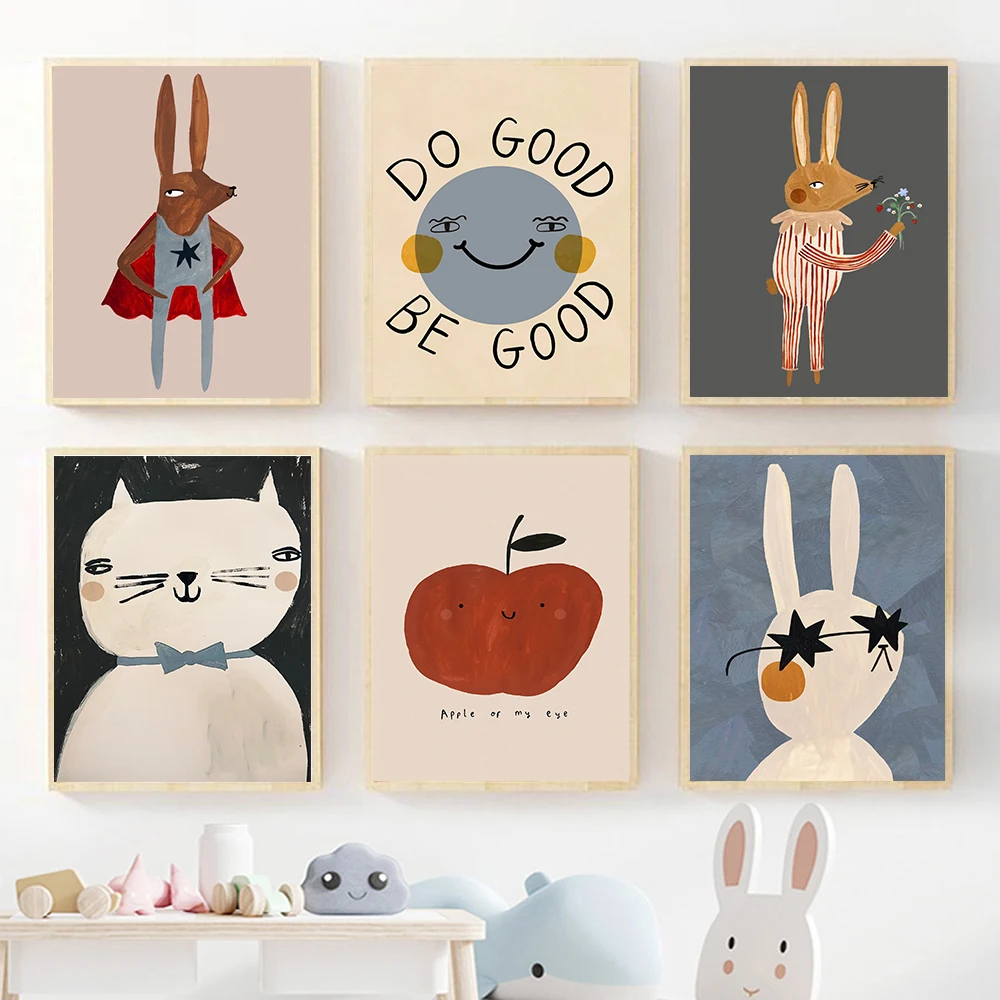 Baby Nursery Frames - （フレームなし）面白い漫画風のウサギとクマの動物モチーフの壁掛けアート、キャンバス絵画、北欧風の名言入りポスター、プリント、子供部屋の装飾、赤ちゃんや子供向けの絵画