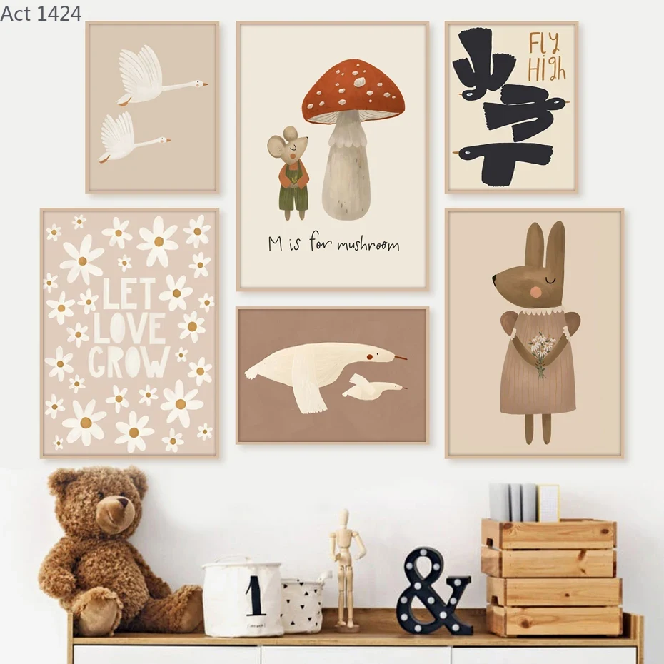 Baby Nursery Frames - ボーホー風カートゥーンウサギ・マウス・ガチョウのポスター、子供部屋のウォールアートキャンバス絵画、北欧レトロポスター、ウォールピクチャー、ベビーキッズルームデコレーション