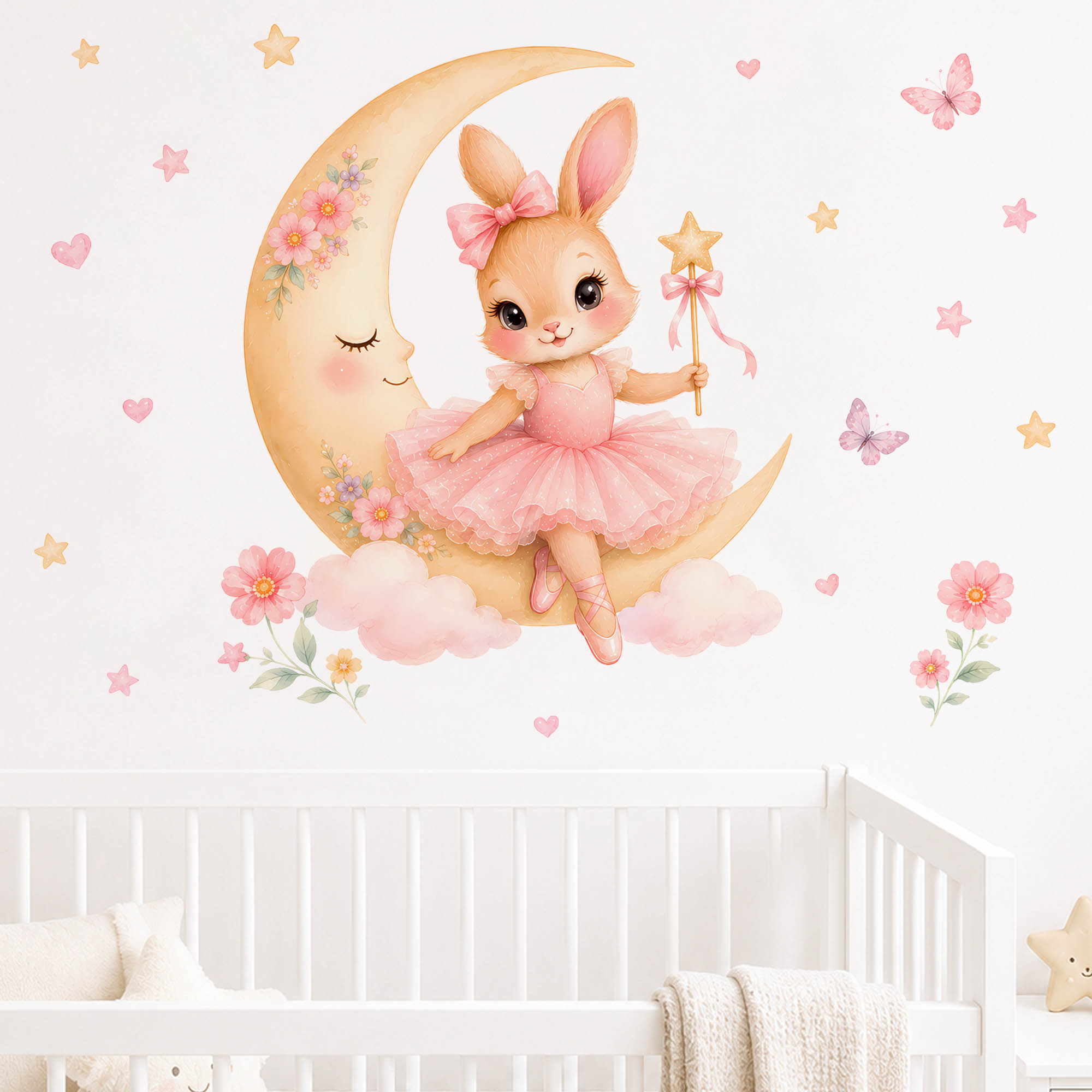 水彩画のバレリーナバニームーンウォールステッカー、ピンクのチ - Baby Nursery Decor Girl のレビューと価格