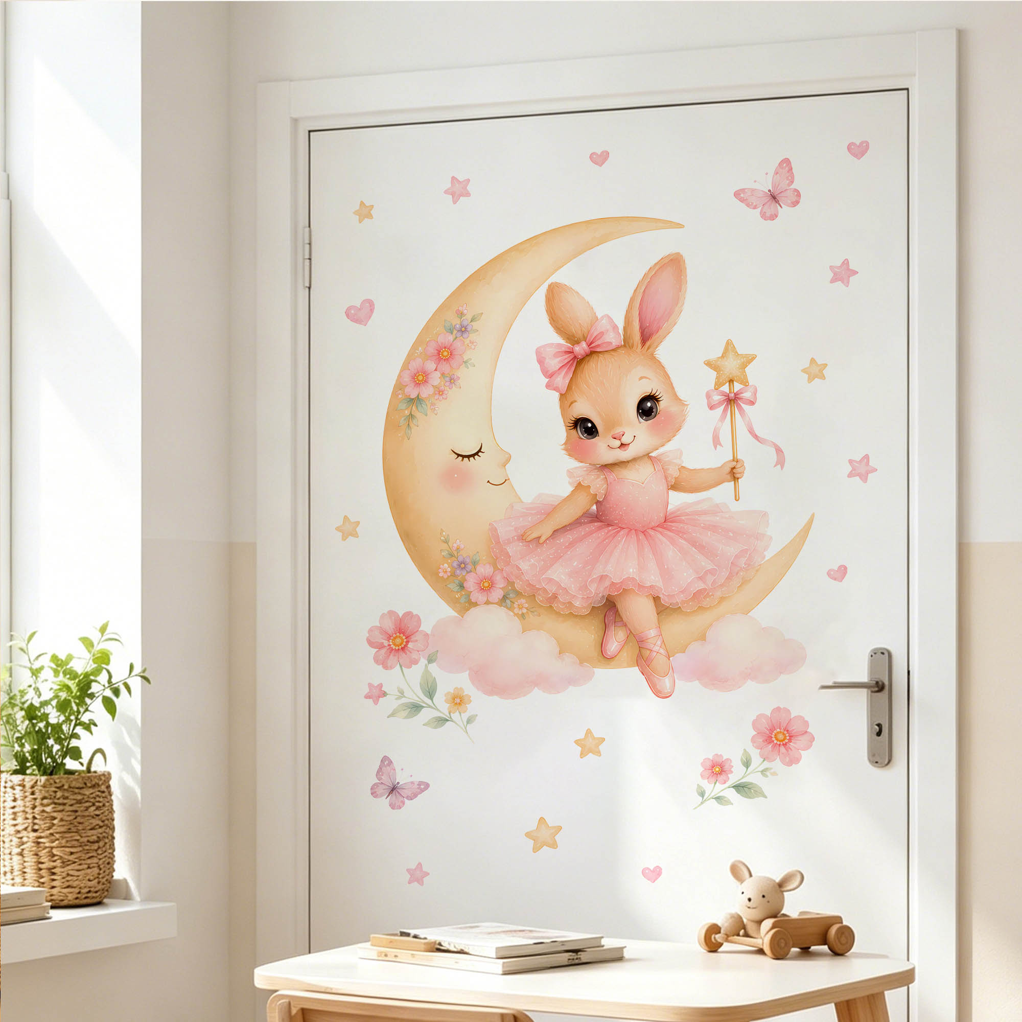 水彩画のバレリーナバニームーンウォールステッカー、ピンクのチ - Baby Nursery Decor Girl のレビューと価格