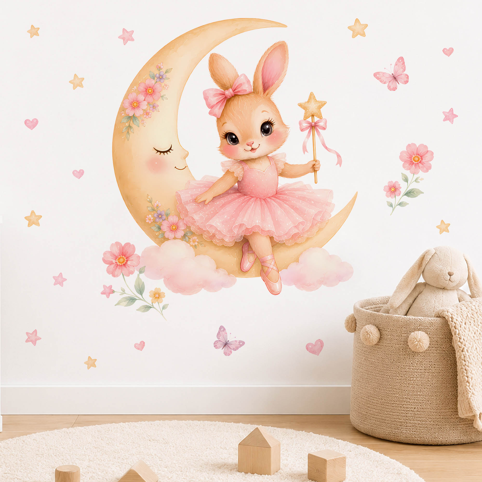 水彩画のバレリーナバニームーンウォールステッカー、ピンクのチ - Baby Nursery Decor Girl のレビューと価格