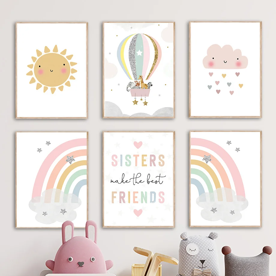 キリン象熱気球太陽虹保育園北欧ポスターやプリント壁アートキャ - Baby Nursery Decor Girl のレビューと価格