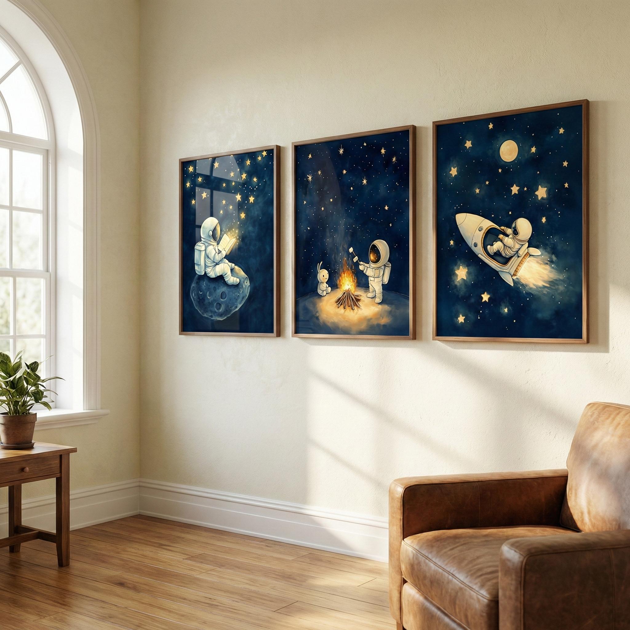 宇宙飛行士のスペースウォールアート3点セット、風変わりな宇宙 - Baby Nursery Frames のレビューと価格