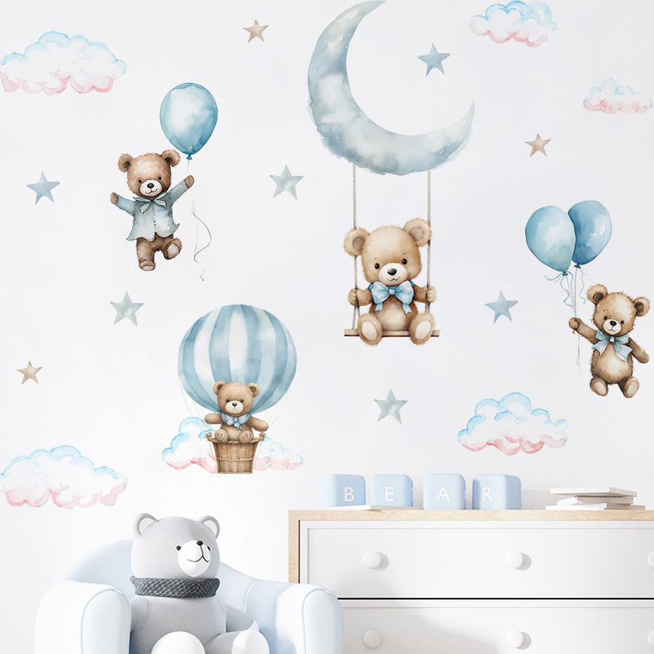 水彩クマ熱気球雲ウォールステッカーブルーカラーキッズルームベ - Baby Nursery Boy のレビューと価格