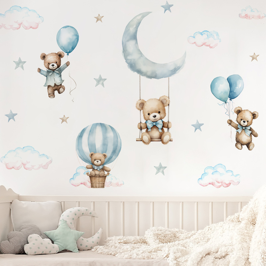 水彩クマ熱気球雲ウォールステッカーブルーカラーキッズルームベ - Baby Nursery Boy のレビューと価格