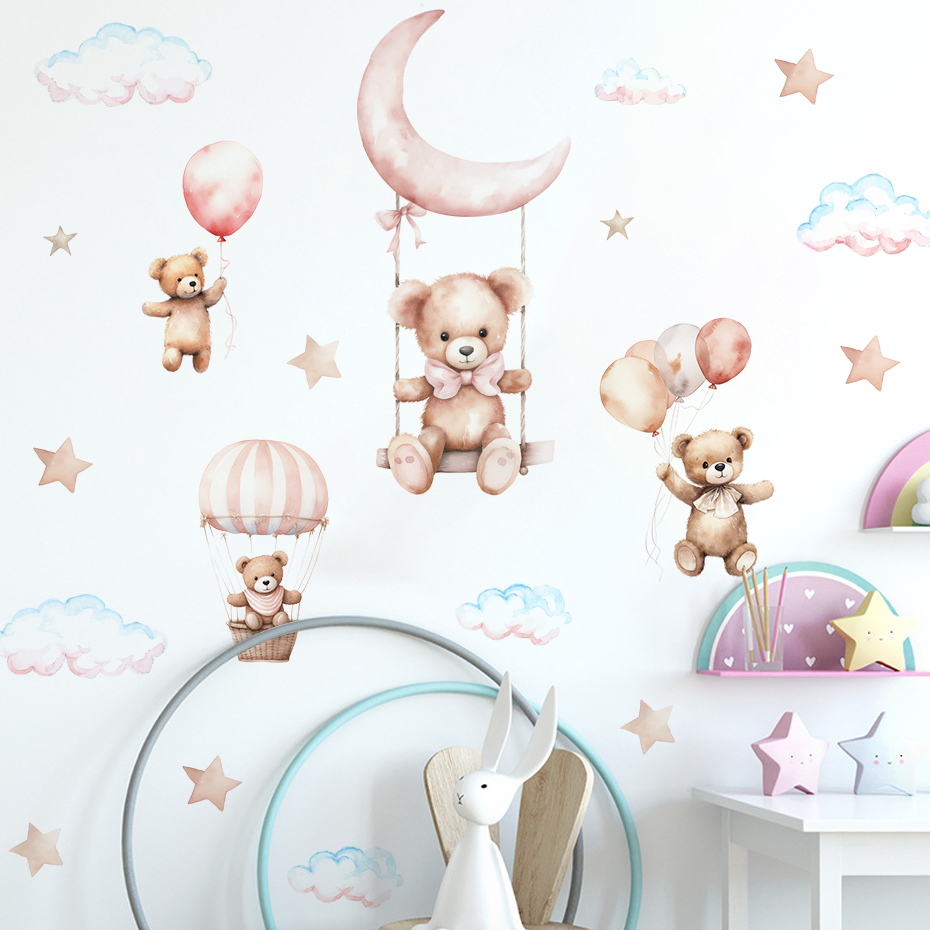 水彩クマ熱気球雲ウォールステッカーブルーカラーキッズルームベ - Baby Nursery Boy のレビューと価格