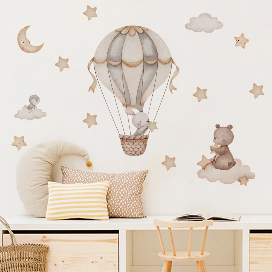 水彩クマ熱気球雲ウォールステッカーブルーカラーキッズルームベ - Baby Nursery Boy のレビューと価格