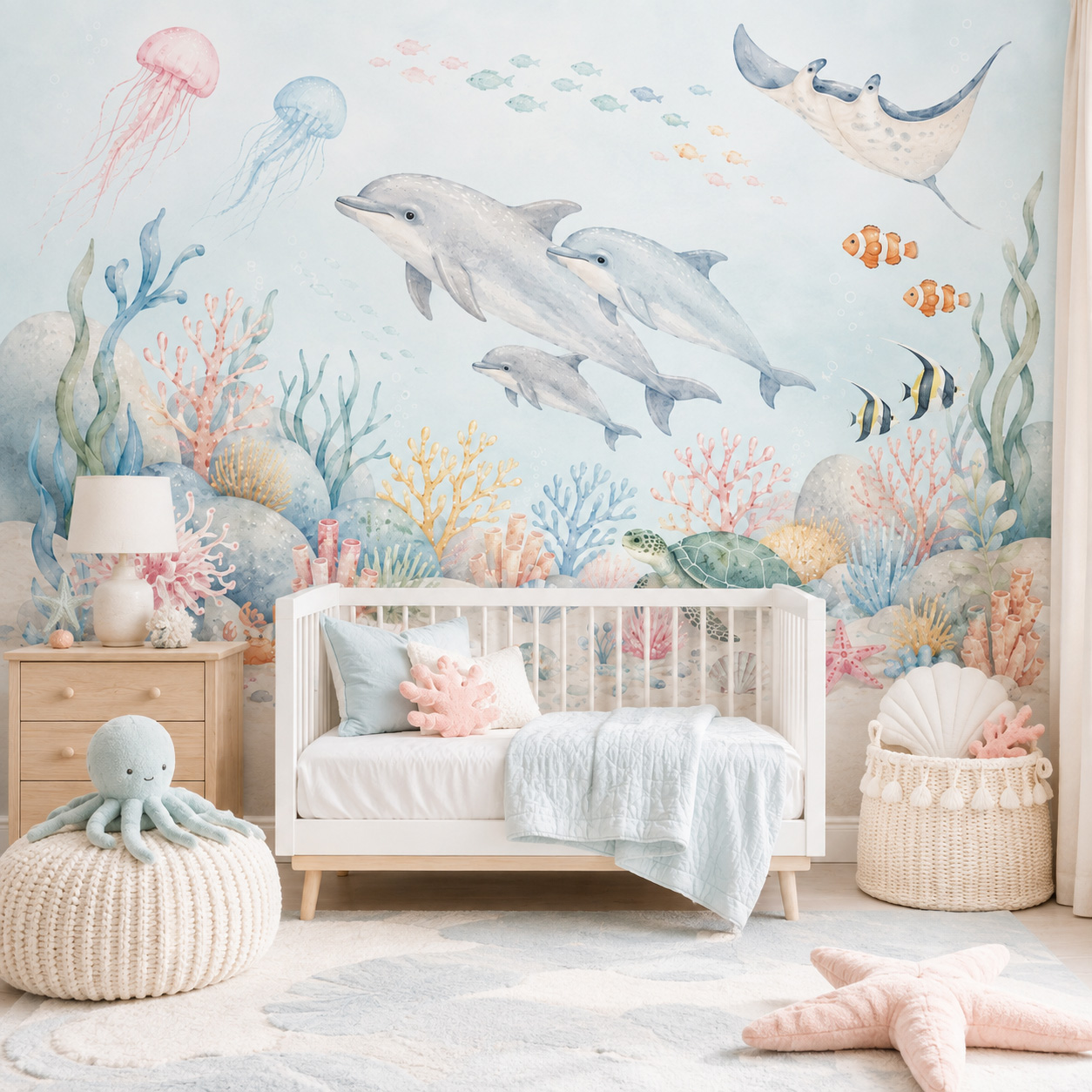水中の海の動物柄の自己粘着壁紙、イルカとサンゴ礁の壁画、剥が - Baby Nursery Peel And Stick Wallpaper のレビューと価格
