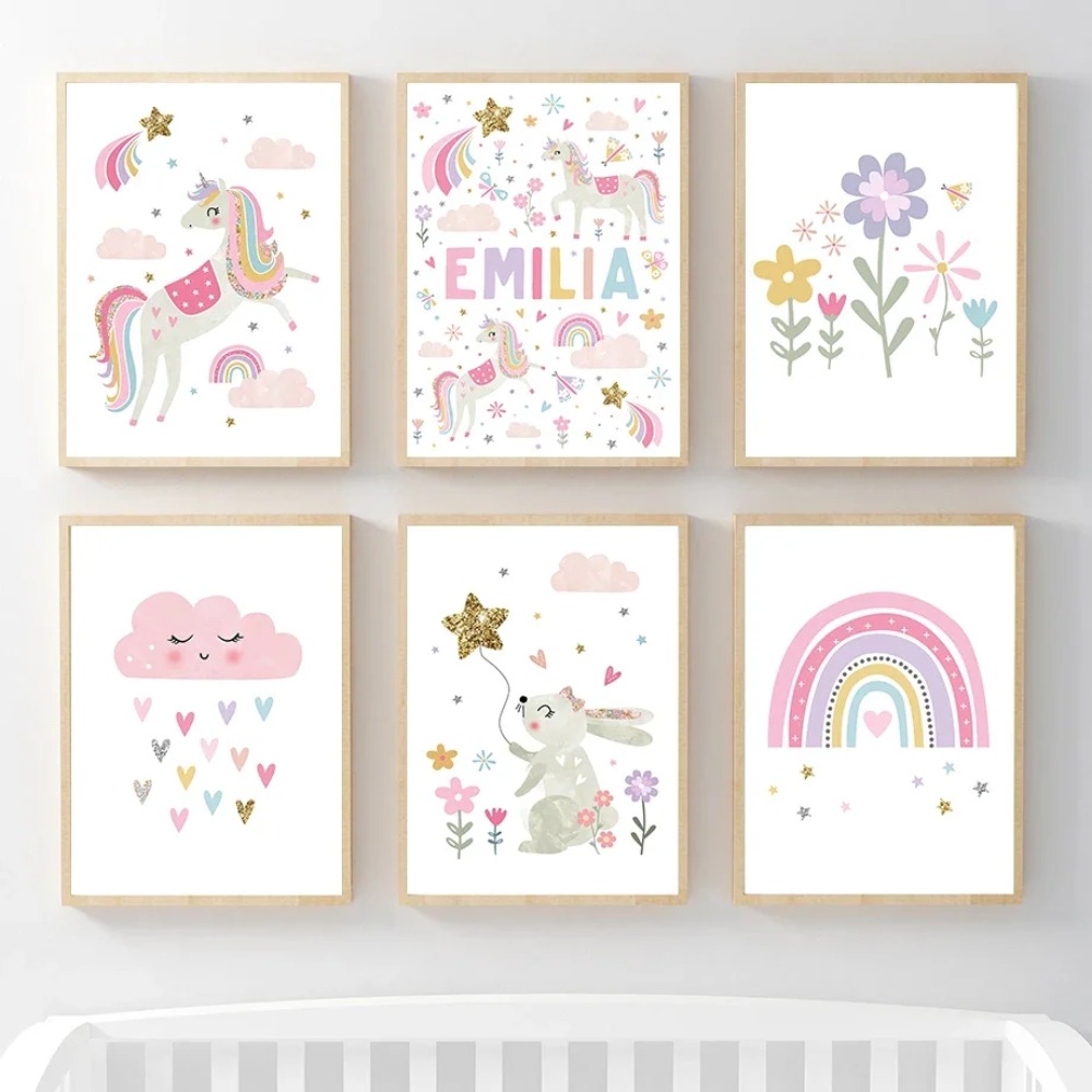ピンクのユニコーンウサギ虹雲花保育園壁アートキャンバス絵画ポ - Baby Nursery Decor Girl のレビューと価格