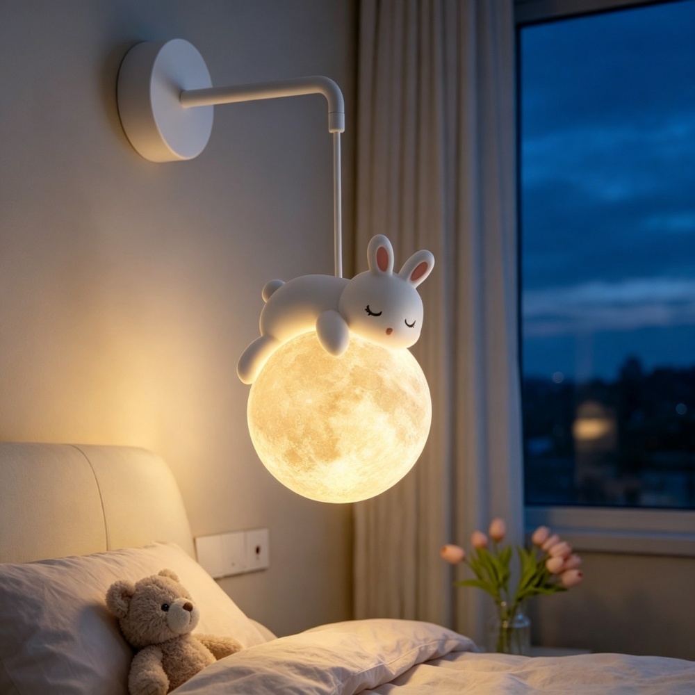 かわいい動物のウォールランプ 白ウサギ 白クマ 月型ウォール - Baby Nursery Wall Lights のレビューと価格
