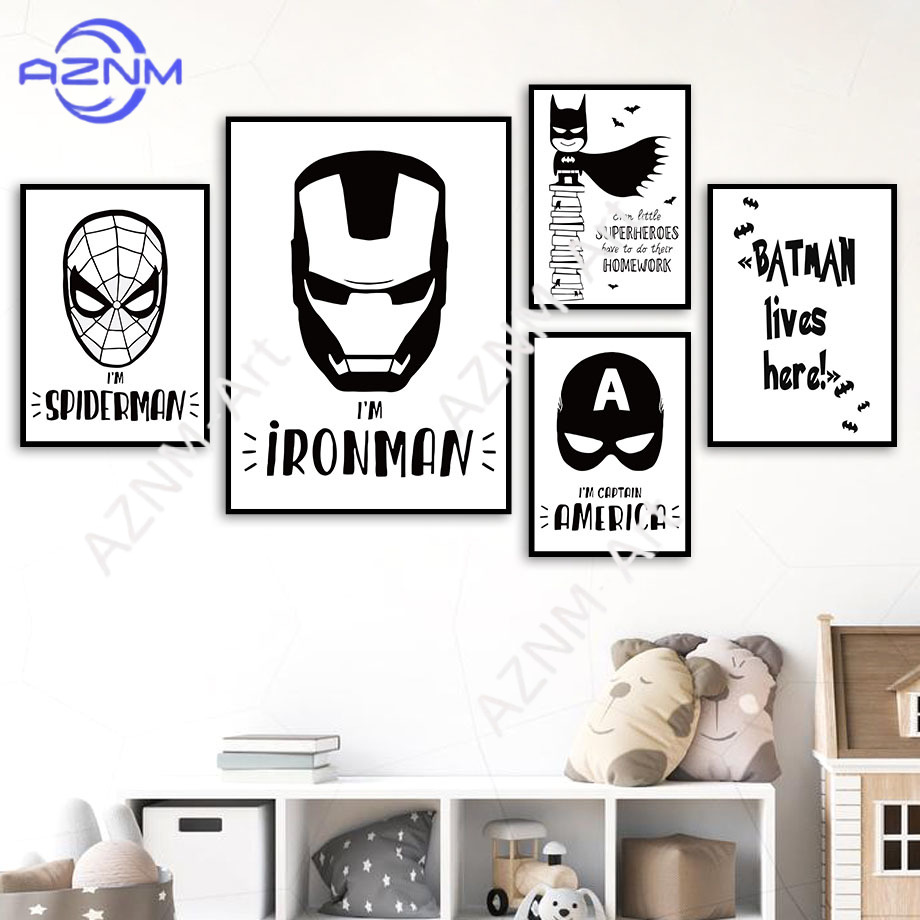 ウォールアートキャンバス絵画バットコミック黒白スーパーヒーロ - Baby Nursery Boy のレビューと価格
