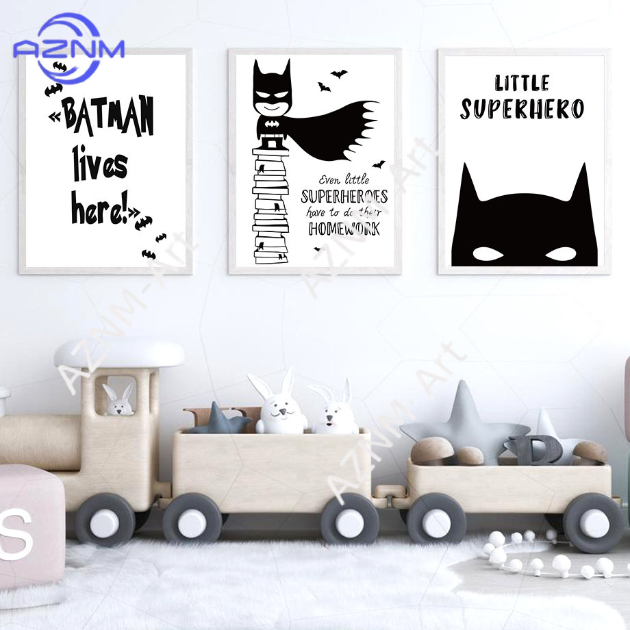 ウォールアートキャンバス絵画バットコミック黒白スーパーヒーロ - Baby Nursery Boy のレビューと価格